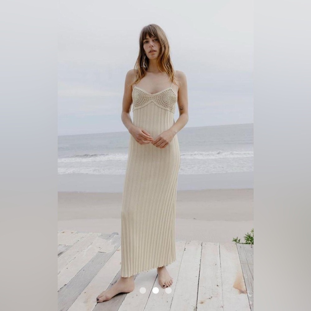Zara Ribbed Knit Crochet Detail Strappy Long Dress XS NWOT